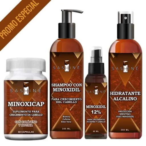 SASHINE MINOXIDIL 12% + MINOXICAP + SHAMPOO + HIDRATANTE ALCALINO